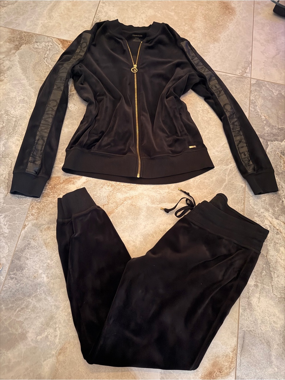 Calvin Klein Black Velour Zip-Up Track Jacket & Jogger Set